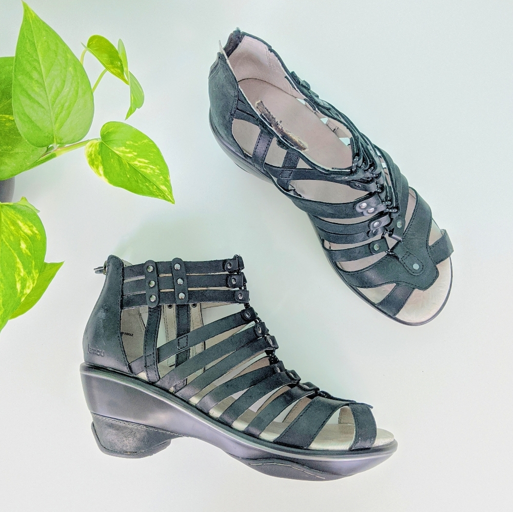 Jambu Black Leather Sugar Wedge Pump Shoes